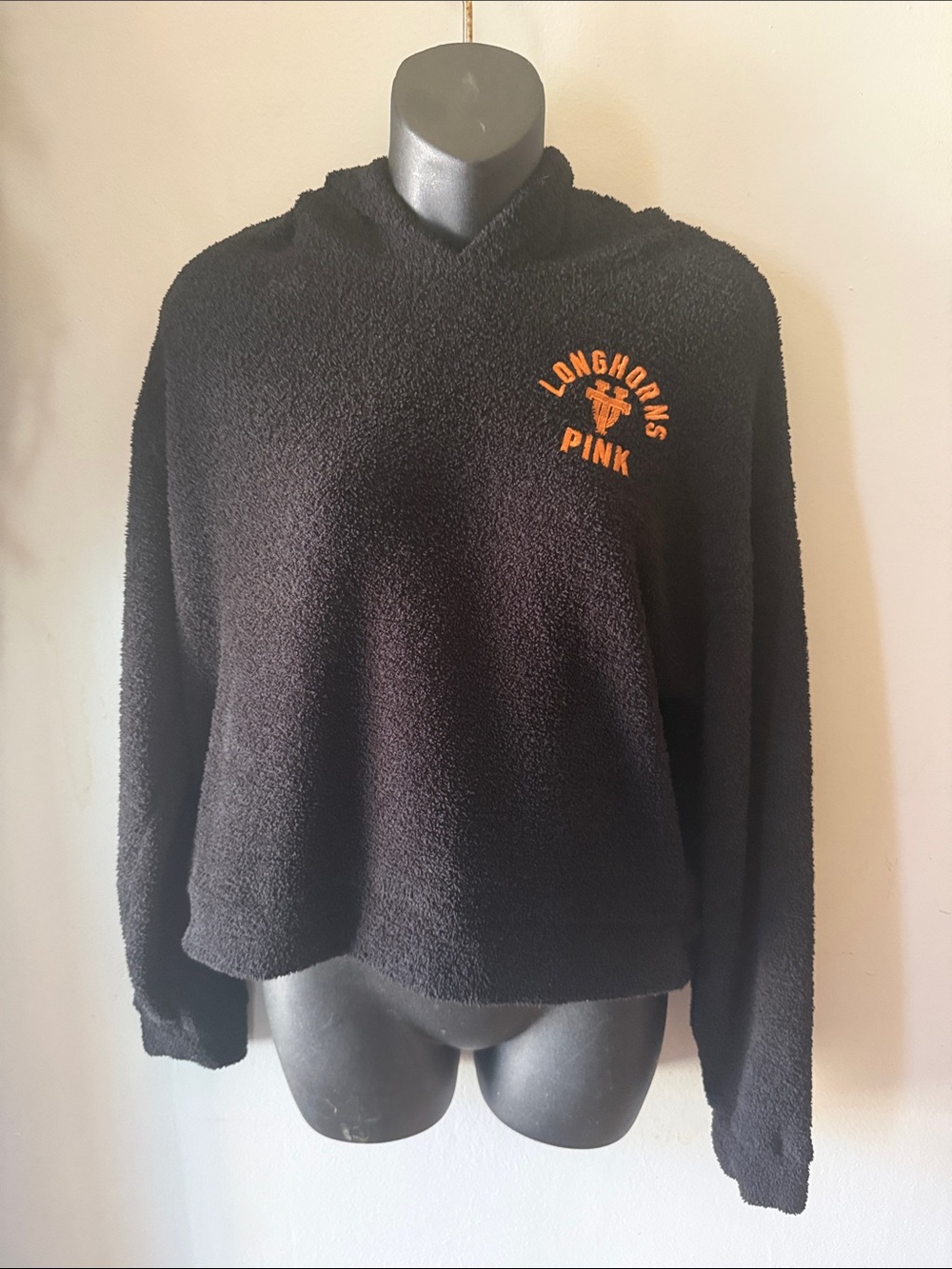 PINK Victoria's Secret Black Fuzzy Hooded Pullover with Orange Longhorn Logo $15